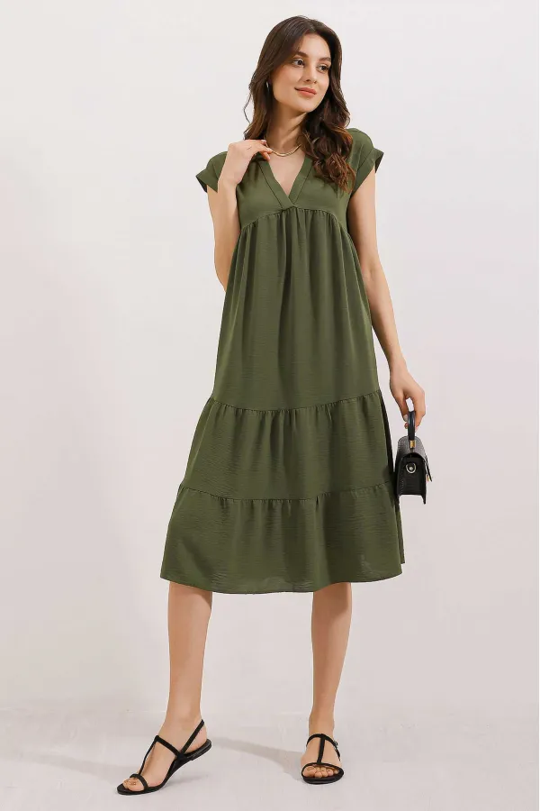 2398 V-Neck Flounce Dress - Khaki