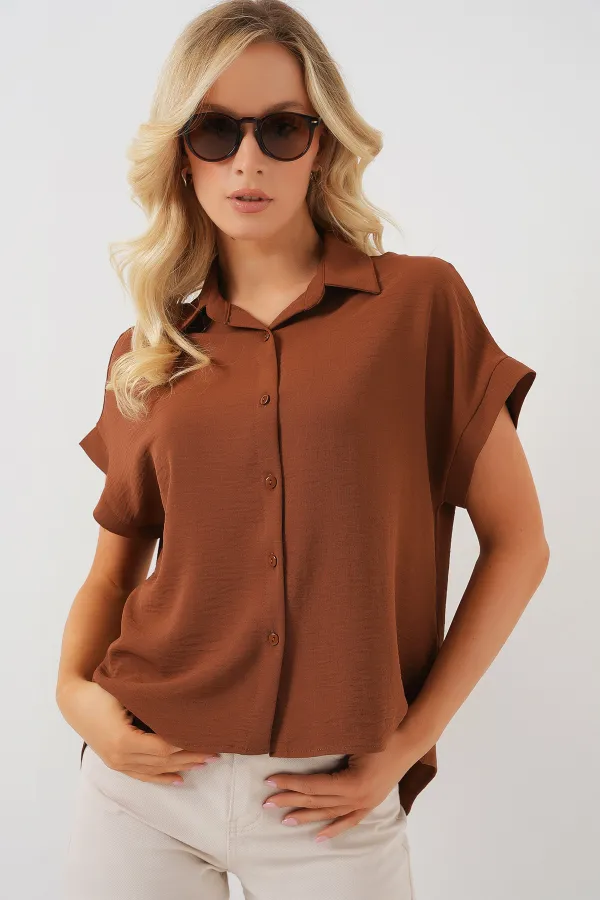 Women's Oversize Short Sleeve Shirt 20322 - Tan