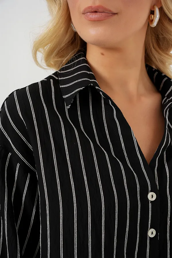 Women's Striped Oversize Short Shirt 20326 - Black