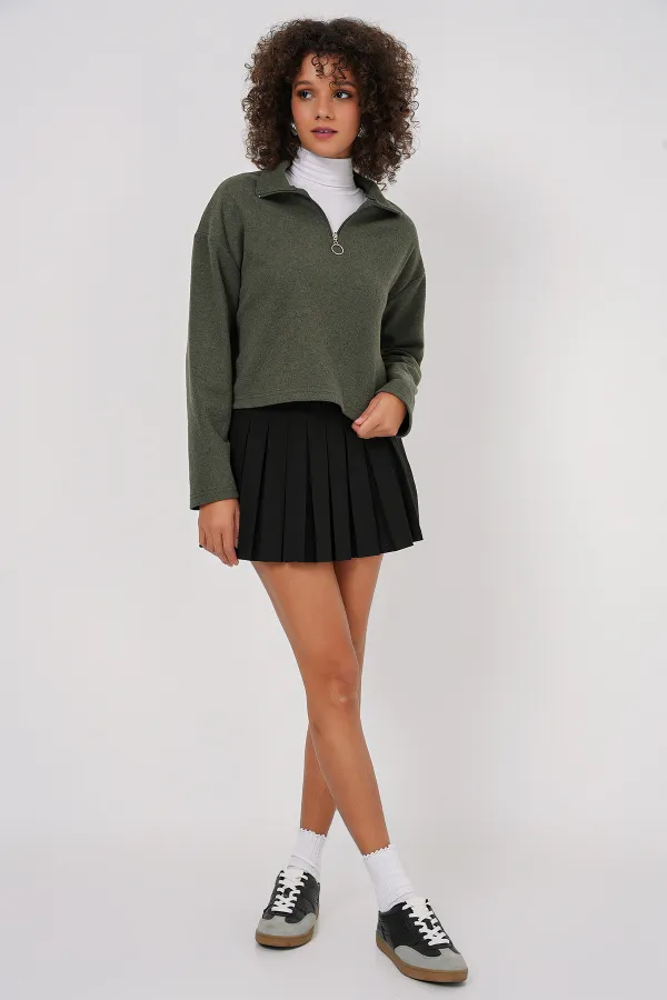 55449 Zippered Collar Knitted Sweatshirt - Khaki