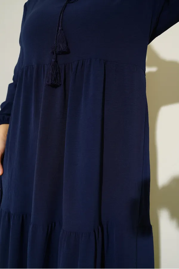 1627 Lace-Up Hijab Dress - Dark Navy Blue 1627 Lace-Up Hijab Dress - Dark Navy Blue