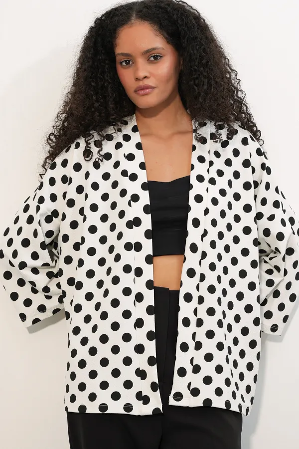 Women's Knitted Polka Dot Kimono 5996 - White