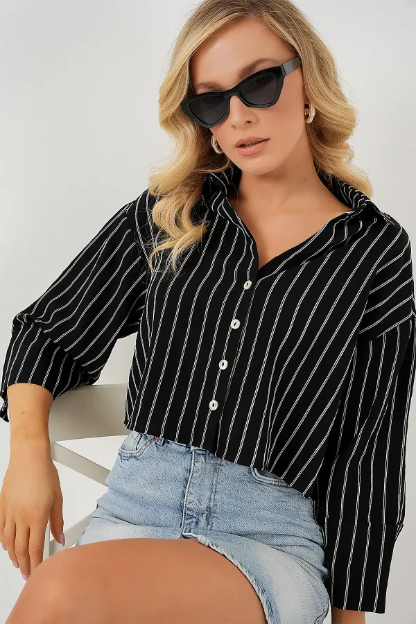 Women's Striped Oversize Short Shirt 20326 - Black