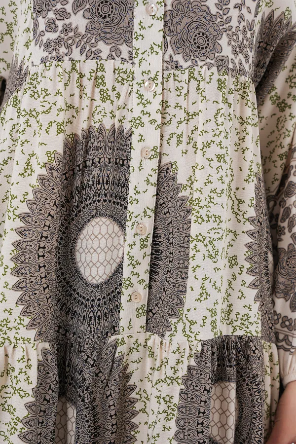2423 Authentic Patterned Hijab Dress - F.KAHVE