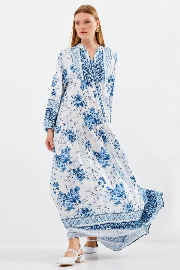 Women's Blue White Viscose Hijab Dress 2423