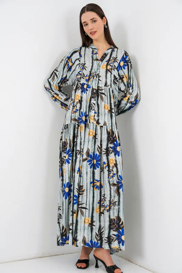 Women's Patterned Long Hijab Dress 2585 - Dark Gray