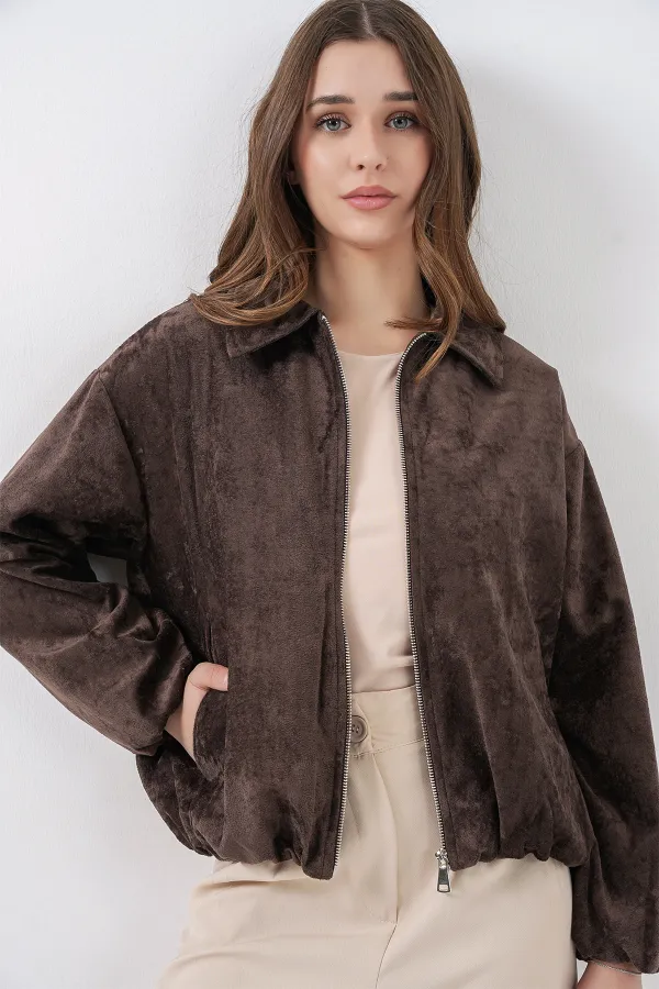 Veste oversize en velours froncé pour femme 0733 - Marron