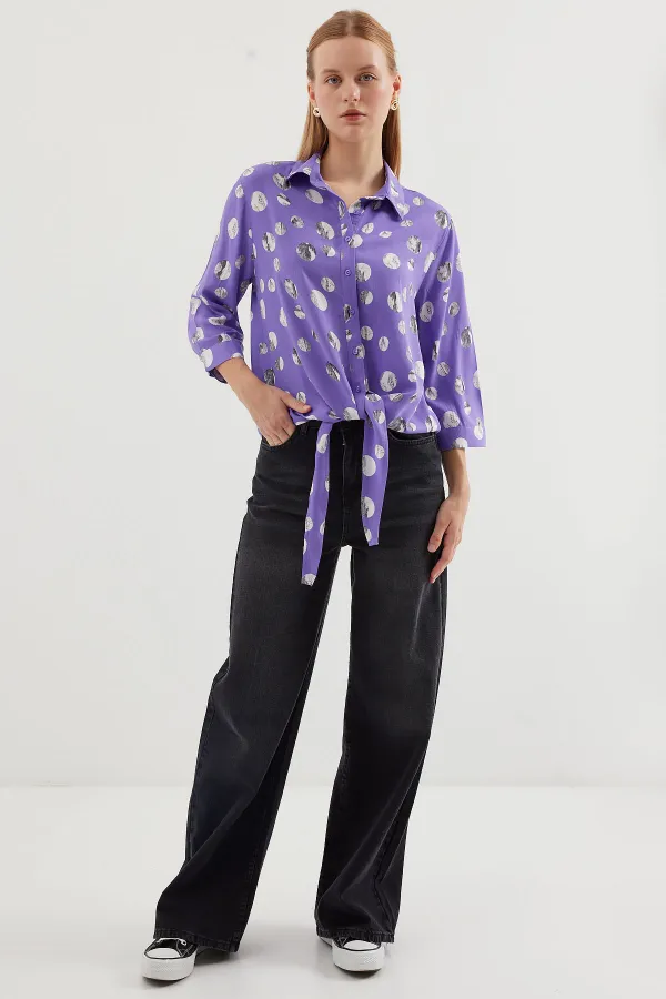 20243 Tied Front Patterned Shirt - Lilac