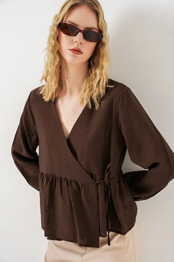 Kadın Yandan Bağlamalı Uzun Kollu Bluz 996 - Kahverengi