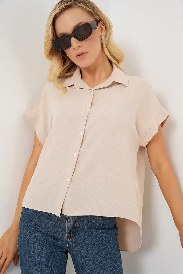 Kadın Oversize Kısa Kol Gömlek 20322 - Krem