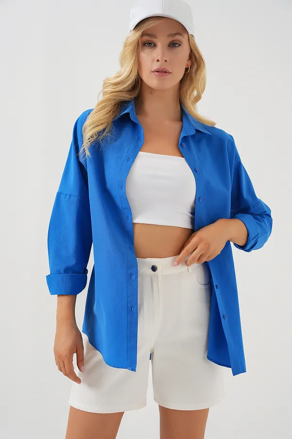 3900 Oversize Long Basic Shirt - Dark Blue