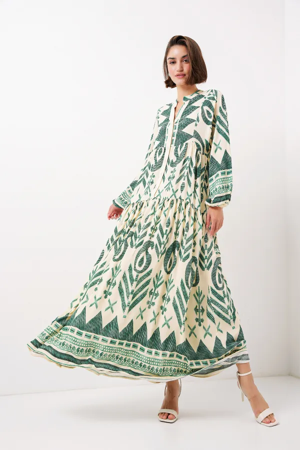 2423 Authentic Patterned Hijab Dress - Light Green