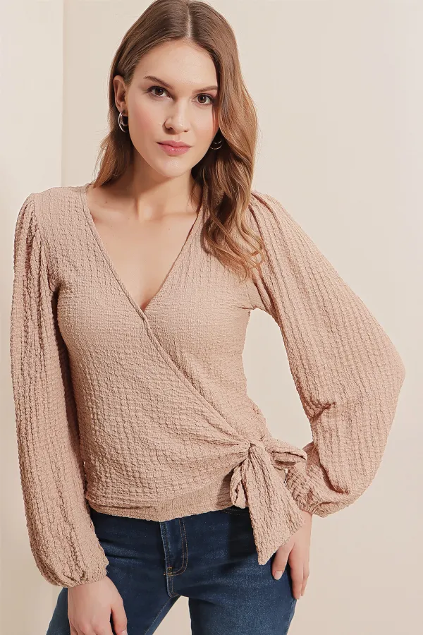 Chemisier cache-cœur en maille beige (0441)