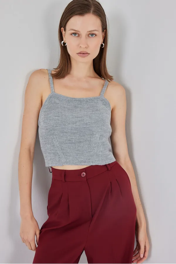 Kadın Askılı Crop Top Bluz 15934 - Gri