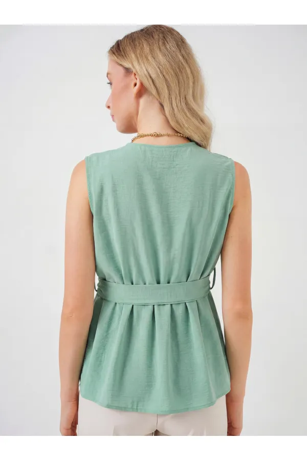 Kadın Kruvaze Yaka Kolsuz Bluz 966 - Çağla