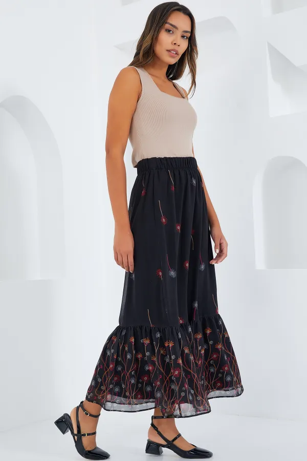 Jupe en mousseline à motifs noirs et orange pour femme 8010