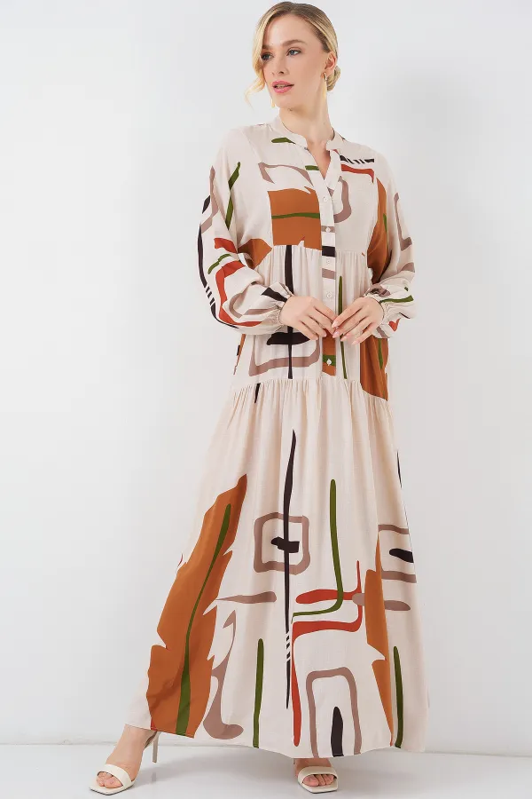 Kadın Desenli Uzun Tesettür Elbise 2585 - A.KREM