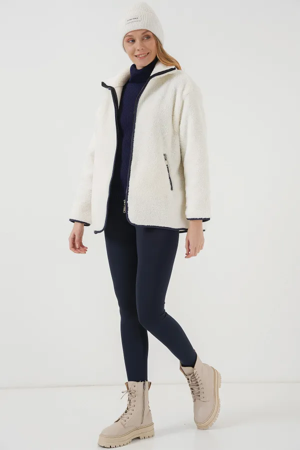 5211 Zippered Plush Coat - Navy Blue