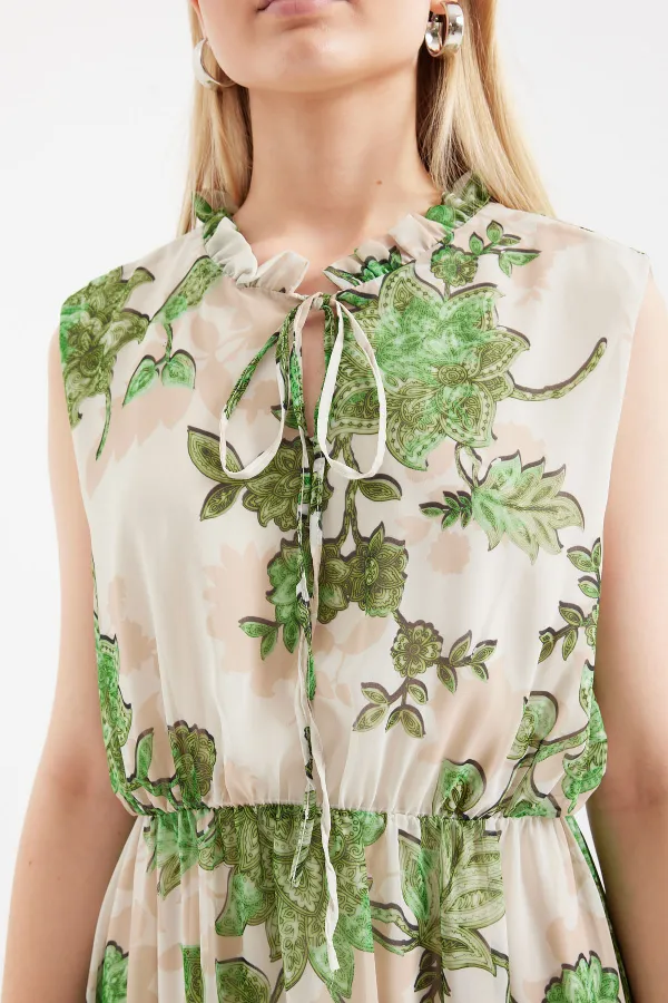 2503 Desenli Sıfır Kol Şifon Elbise - Yeşil