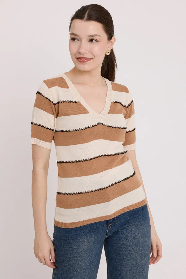 Chemisier rayé crème biscuit à manches courtes pour femme 15869