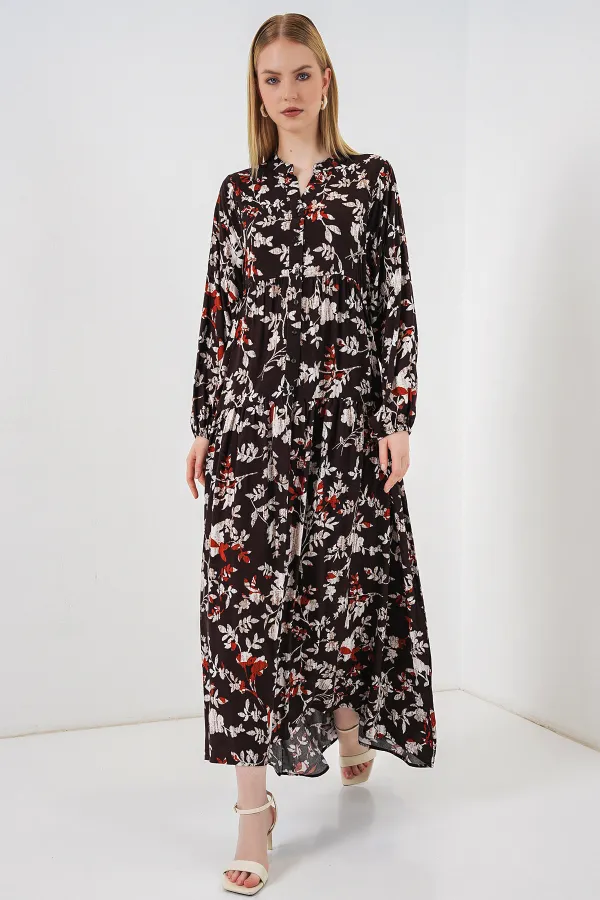 Kadın Desenli Uzun Tesettür Elbise 2585 - Beyaz - Kahve