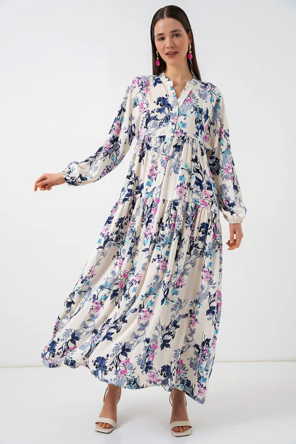 Robe longue hijab à motifs pour femme 2585 - Bleu marine foncé