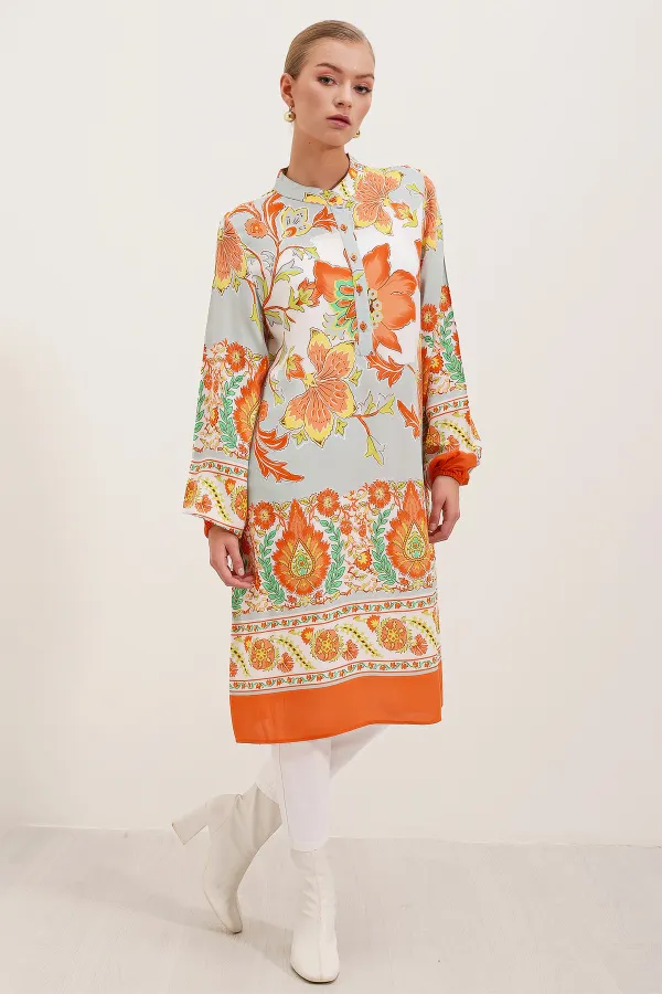 5903 Patterned Viscose Dress - Orange