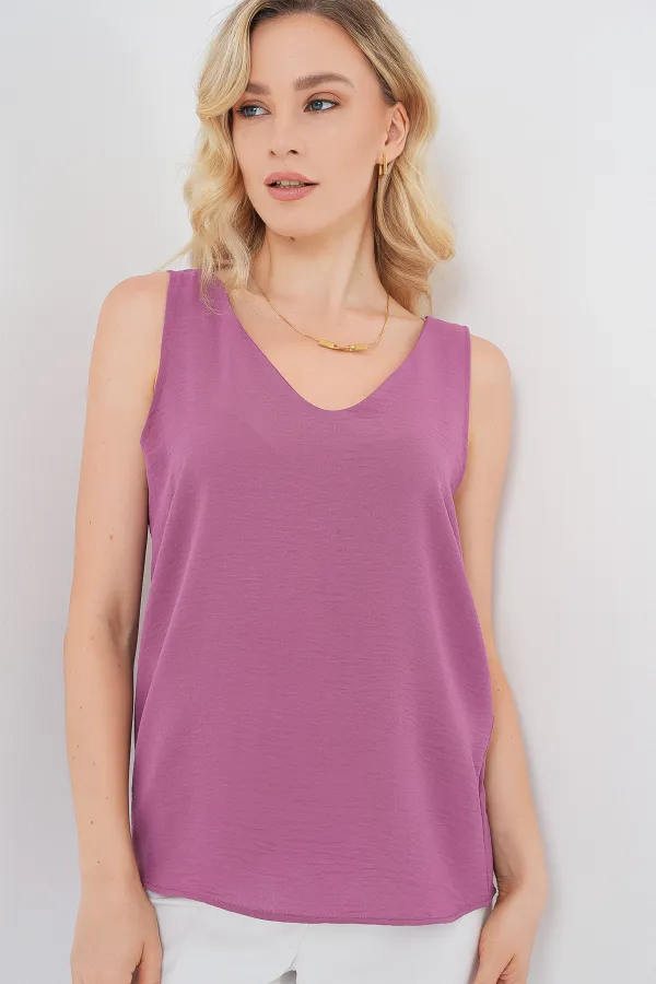V Yaka Sıfır Kol Bluz 950 - Koyu Lila