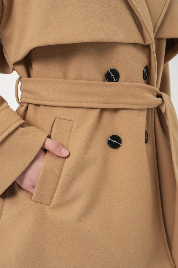 Kadın Kuşaklı Oversize Kaşe Kaban 9157 - Hardal