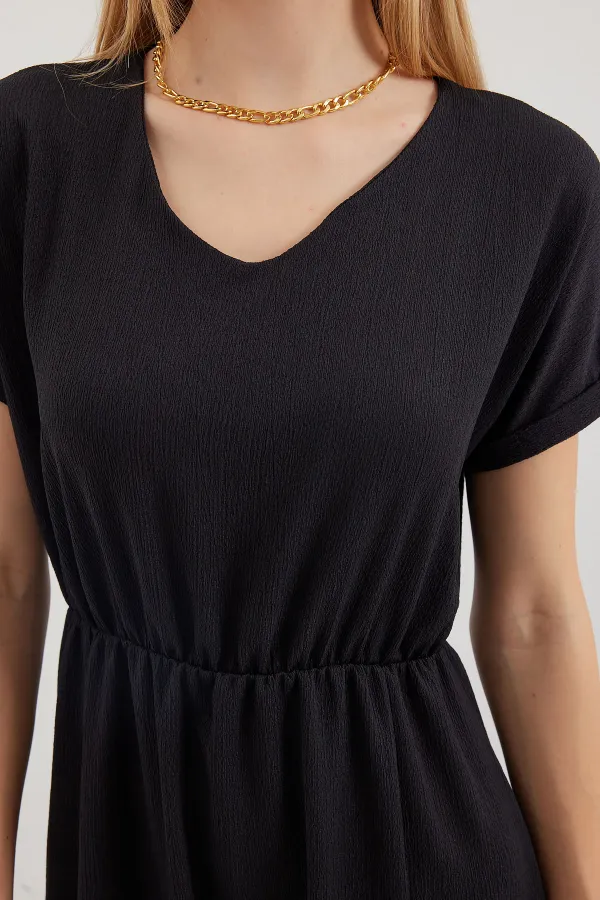 2378 V-Neck Slit Knitted Dress - Black