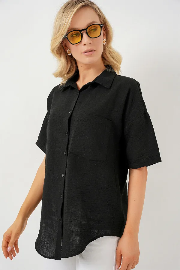 Chemise à manches courtes pour femme, aspect lin, référence 20336 - Noire