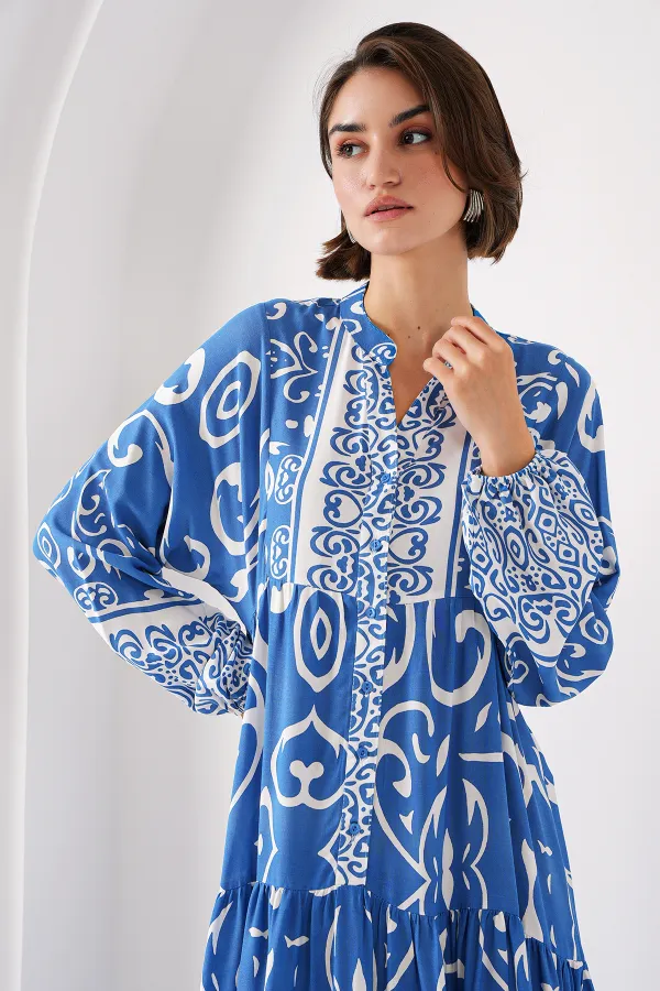 Robe hijab à motifs authentiques 2423 - B. İndigo