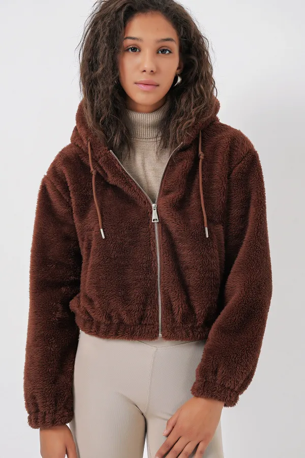 5193 Hooded Plush Crop Jacket - Brown