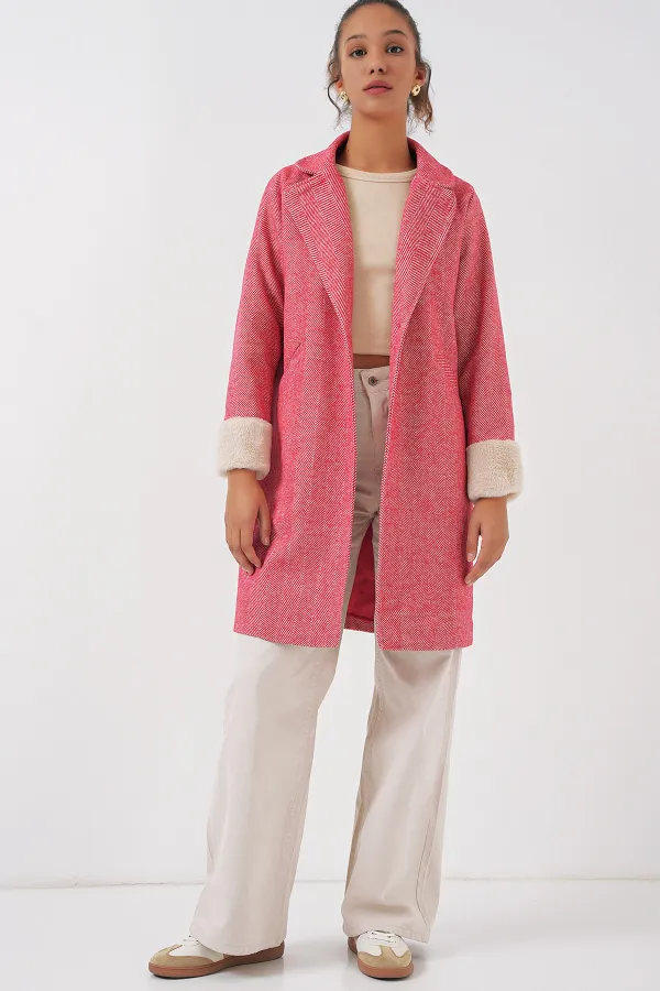 9145 Women's Herringbone Cashmere Coat with Feathered Sleeves - Red