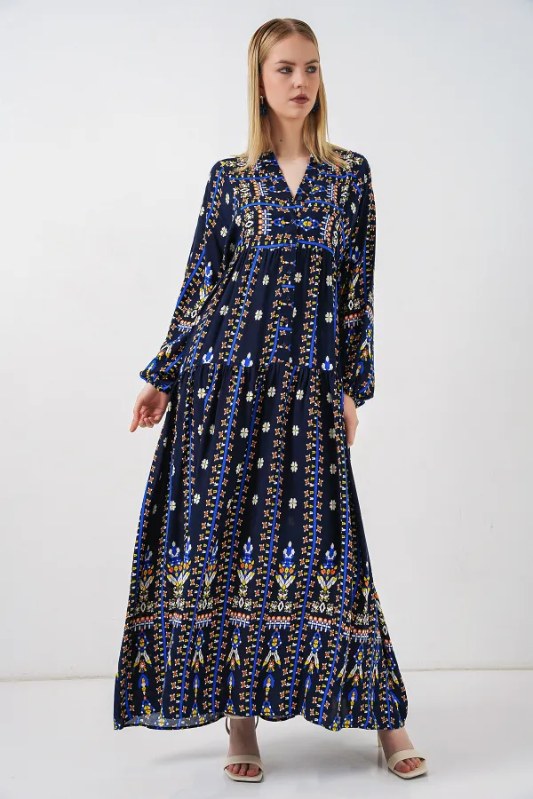 Kadın Desenli Uzun Tesettür Elbise 2585 - P. Lacivert