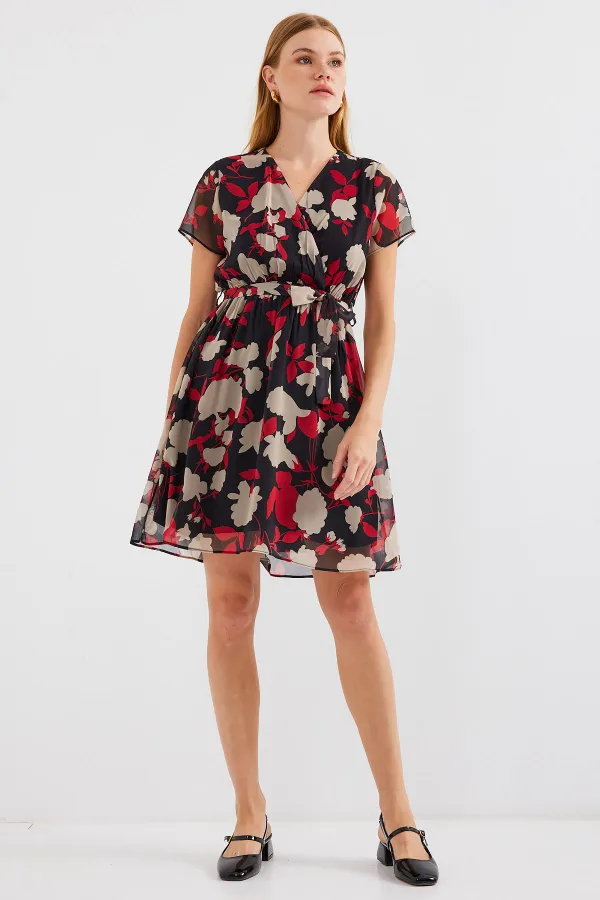 Robe courte en mousseline à motifs, manches courtes, couleur bordeaux (réf. 2502)