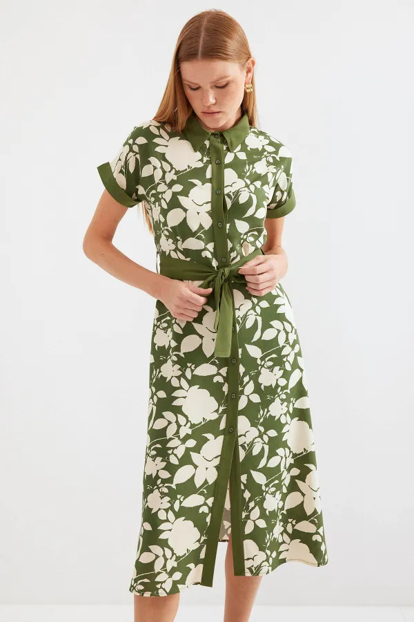 2455 Patterned Shirt Dress - Khaki