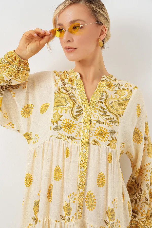 Robe hijab à motifs authentiques 2423 - Jaune