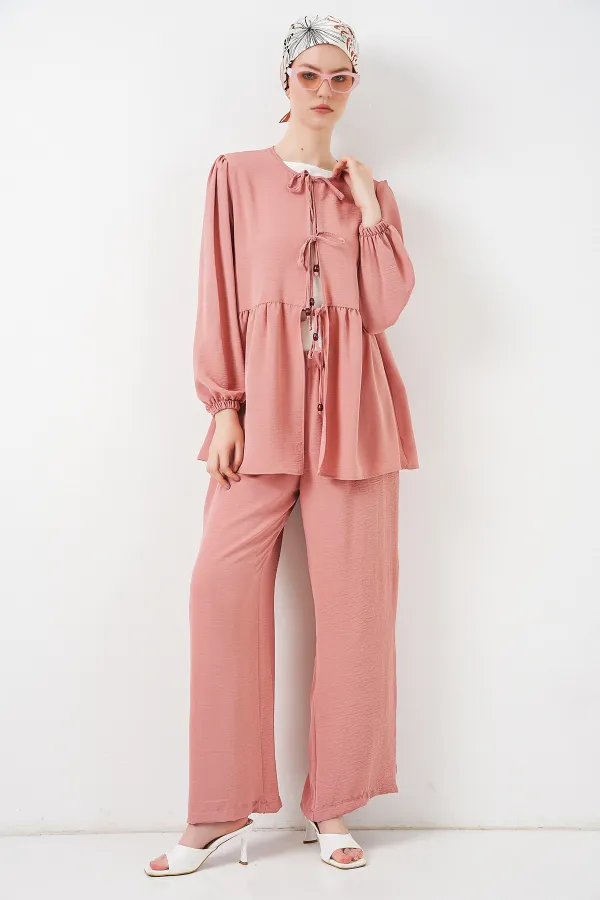 Kadın Önü Bağcıklı Tunik Pantolon İkili Takım 6744 - Pudra