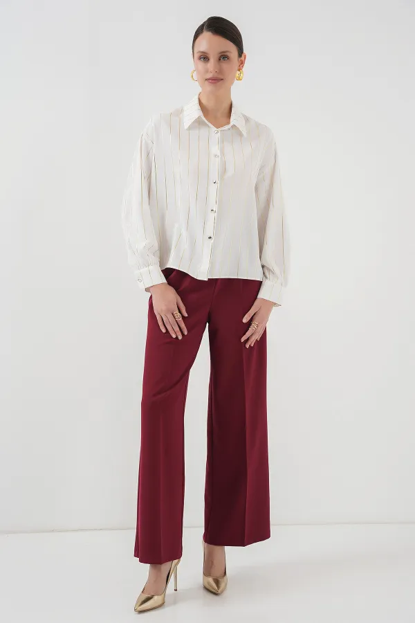 5924 Kadın Gold Çizgili Gömlek - C.Beyaz