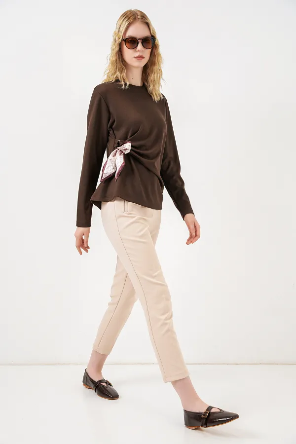 Kadın Fular Detaylu Uzun Kol Bluz 40000 - Kahverengi