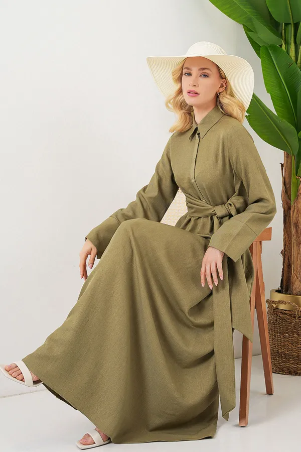 Women's Front Tie Linen Dress 2574 - Çağla