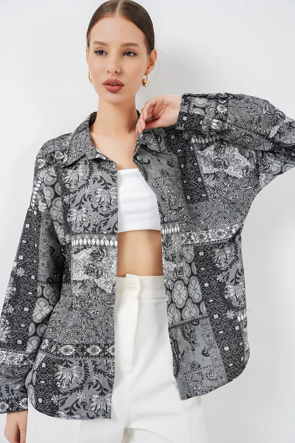 Women's Oversize Patterned Satin Shirt 20365 - Anthracite