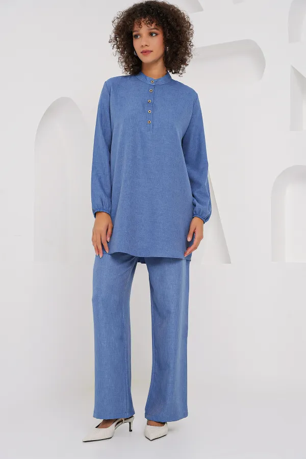 6678 Keten Tunik Pantolon İkili Takım - İndigo