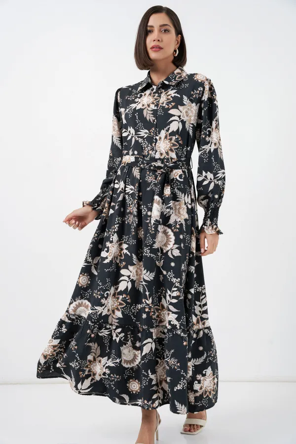 Robe hijab ceinturée pour femme 2589 - Noir foncé