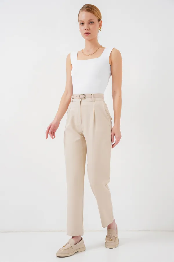 Kadın Pileli Kemerli Kumaş Pantolon 6725 - Krem