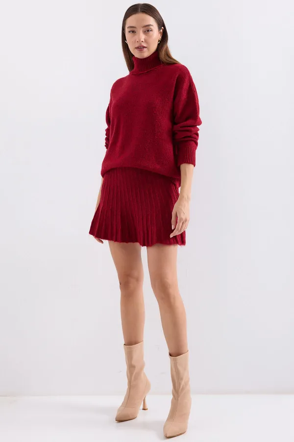 15891 Sweater Skirt Knitwear Two Piece Set - Red