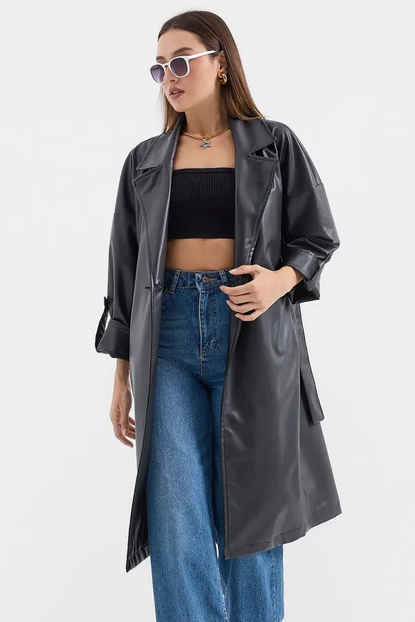 1034 Belted Faux Leather Trench Coat - Black