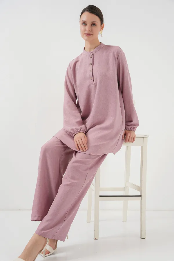 6678 Keten Tunik Pantolon İkili Takım - Gül Kurusu