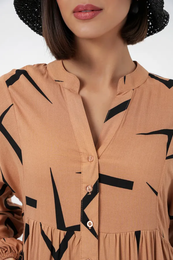 Kadın Desenli Uzun Tesettür Elbise 2585 - A. Vizon